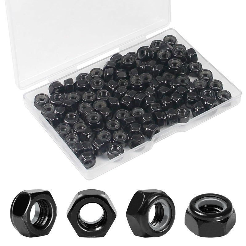 Yinpecly 100Pcs M5 x 0.8mm Nylon Insert Hex Lock Nuts Carbon Steel Zinc Plated Locknuts Self-Locking Nut M5 Metric Black Standard Threaded Nylock Nuts for Industrial Construction Fasteners - Image 1